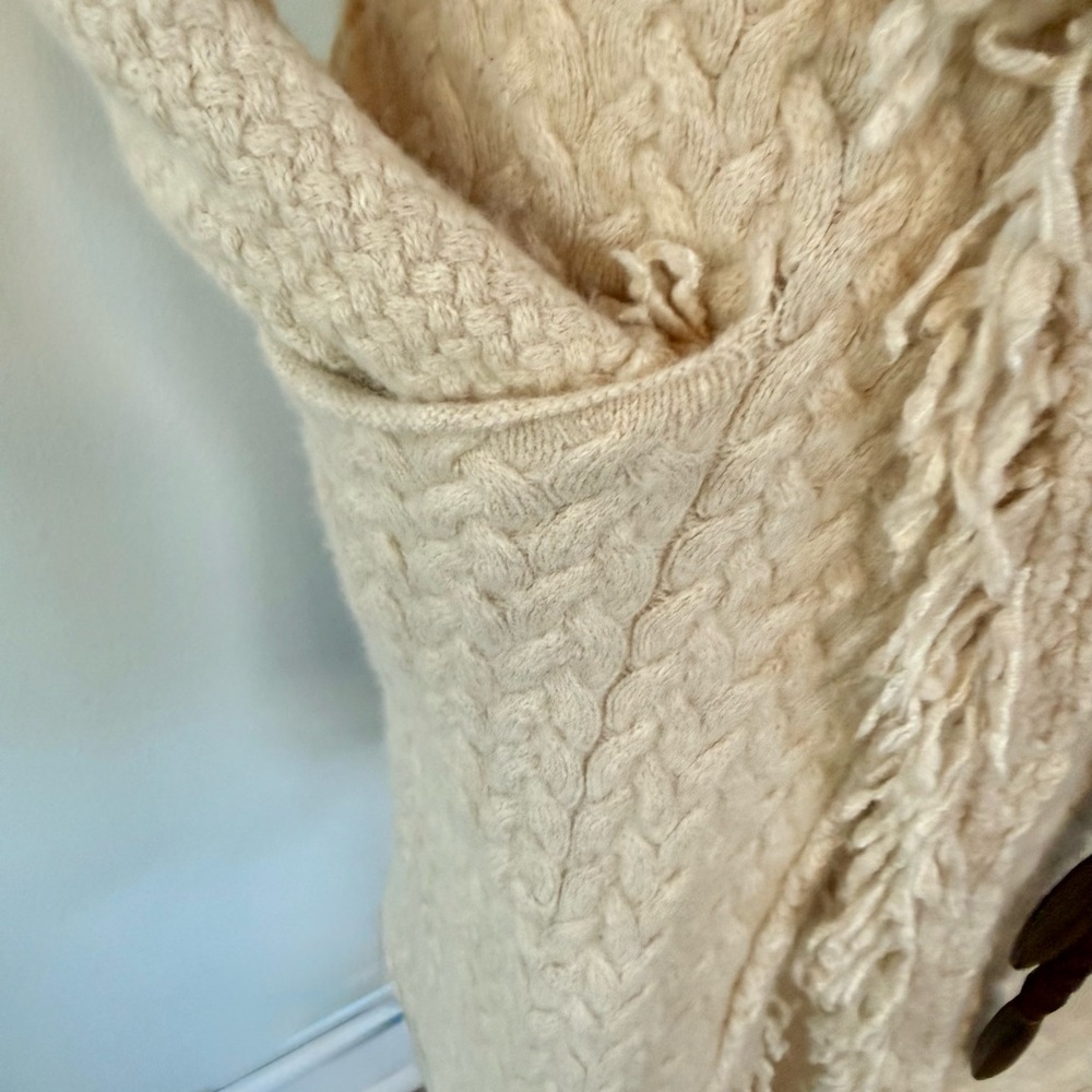Cream Wool-Blend Fringe Cardigan | Boho Open Front Coatigan - Picture 8 of 13